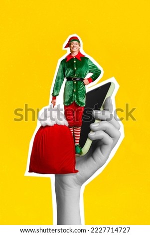 Vertical collage picture of black white effect arm hold telephone mini funny elf costume guy hold bag isolated on yellow background