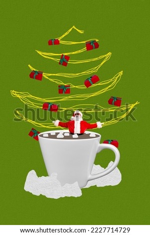 Photo collage artwork minimal picture of smiling santa claus swimming bathing inside x-mas beverage cup isolated drawing background