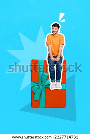 Creative photo 3d collage artwork postcard poster brochure invitation card of funny guy sitting giftbox isolated on painting background