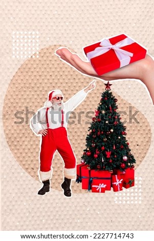 Artwork magazine collage picture of funky santa dancing arms holding x-mas gifts isolated drawing background