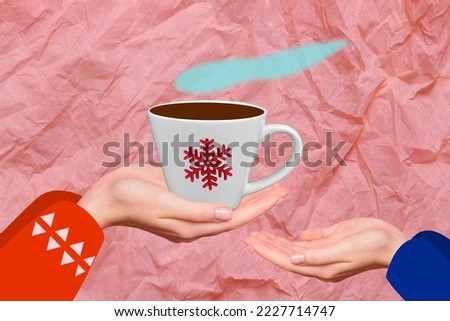 Creative photo 3d collage postcard poster invitation picture of human arm hold cup fresh aroma drink isolated on painting background