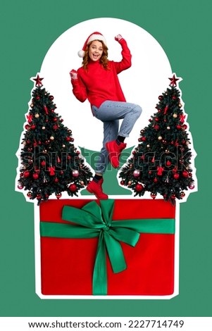 Vertical collage picture of excited delighted girl stand big newyear giftbox raise fists decorated tree isolated on green background