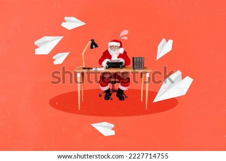 Creative photo 3d collage postcard poster greeting card of cartoon fairy personage typing article workplace isolated on painting background