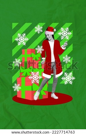 Vertical creative photo collage of satisfied positive cheerful girl dancing near gifts presents isolated on green color background