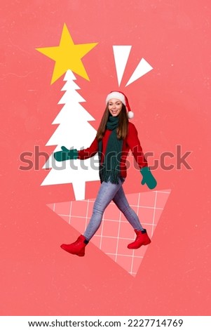 Creative photo 3d collage postcard poster picture of cheerful jolly girl walking street park outdoors isolated on painting background