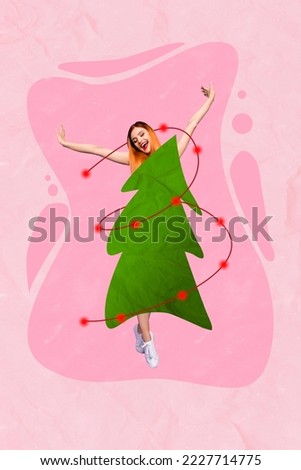 Creative photo 3d collage artwork postcard poster of pretty girl wear xmas tree costume enjoy winter season isolated on painting background