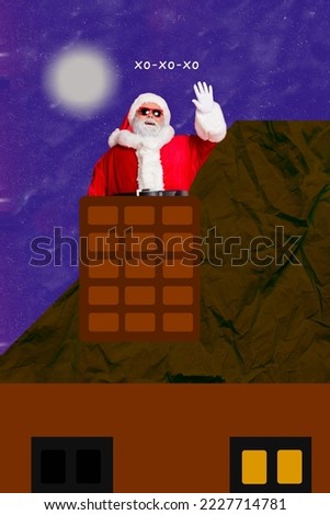 Creative photo 3d collage artwork postcard poster picture of fairy personage deliver presents for children isolated on painting background