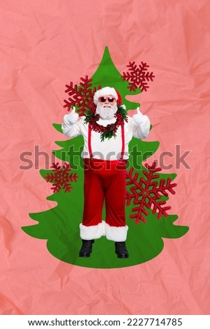 Photo collage artwork minimal picture of smiling santa rating thumbs up x-mas decorations isolated drawing background