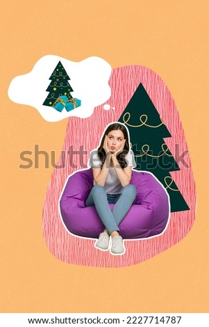 Creative photo 3d collage artwork postcard poster picture of minded dreamy girl sit chair wait night eve isolated on painting background