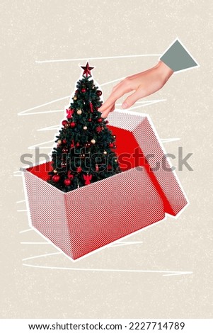 Photo collage artwork minimal picture of arm packing x-mas tree inside box isolated drawing background