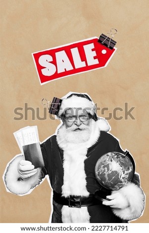 Exclusive magazine picture sketch collage image of smiling santa buying xmas world tour isolated painting background