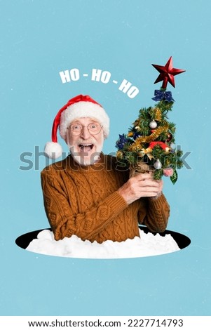 Vertical collage of excited funky grandfather inside snow hole hands hold little newyear tree isolated on creative background