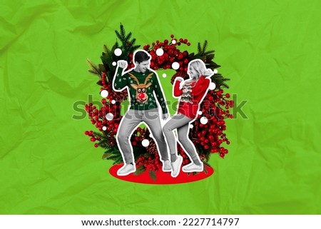 Creative photo collage illustration of playful positive couple girl guy dancing on christmas wreath isolated on green color background