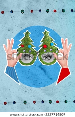 Photo collage artwork minimal picture of arms holding x-mas tree spectacles isolated drawing background