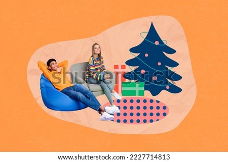 Creative photo 3d collage postcard poster picture of two funny person staying home enjoying holiday time isolated on painting background
