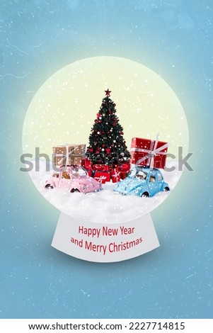 Photo sketch graphics collage artwork picture of beautiful x-mas snow globe presents cars inside isolated drawing background
