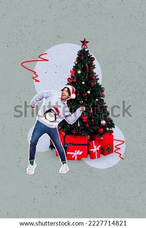 Photo collage artwork minimal picture of smiling funky santa assistant having fun x-mas event isolated drawing background