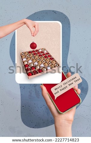 Creative 3d photo artwork graphics collage painting of buying x-mas decorations apple samsung device isolated drawing background