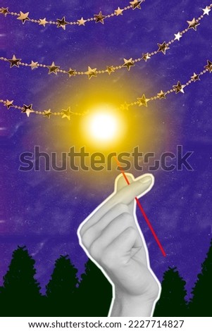 Creative photo 3d collage artwork postcard poster greeting invitation card of human arm hold cane sparkler isolated on painting background