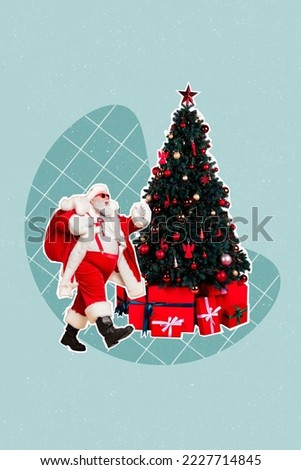 Artwork magazine collage picture of funky smiling santa delivering x-mas gifts isolated drawing background