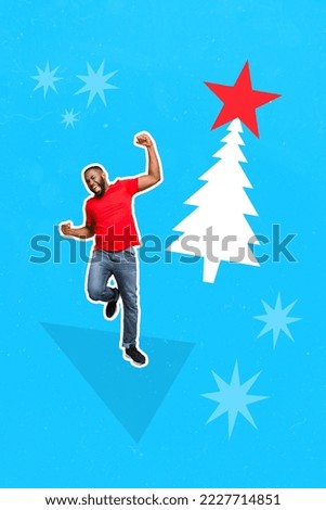 Vertical creative photo collage of satisfied  funny guy running raising fist up yell christmas tree isolated on blue color background