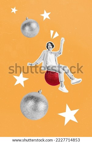 Vertical creative photo collage of funny excited cheerful good mood girl sit on decoration toy ball isolated on orange color background