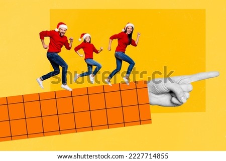Creative photo collage of positive cheerful good mood family running on arm season shopping big sale isolated on orange color background