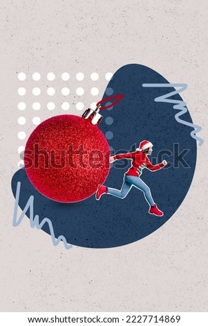 Photo collage artwork minimal picture of funny funky elf running away big x-mas ball isolated drawing background