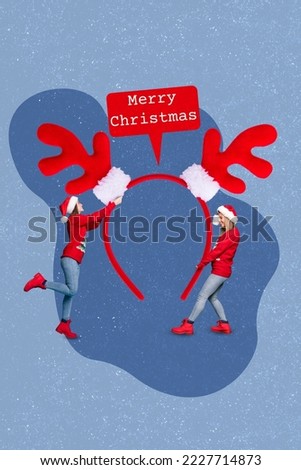 Collage artwork graphics picture of funky smiling santa assistants holding big huge xmas hair accessory isolated painting background