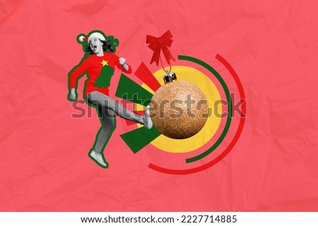 Collage 3d image of pinup pop retro sketch of funny funky lady beating xmas ball isolated painting background