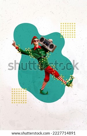 3d retro abstract creative artwork template collage of funny funky elf dancing enjoying boom box xmas carols isolated painting background