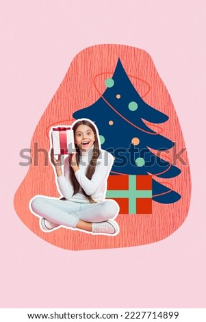 Creative photo 3d collage artwork postcard poster banner of overjoyed girl sit home enjoy winter magic time isolated on painting background