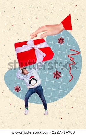 Collage artwork graphics picture of impressed santa claus helper arm giving big huge xmas gift isolated painting background