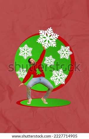 Photo cartoon comics sketch collage picture of smiling cool guy enjoying xmas event catching snowflakes isolated drawing background
