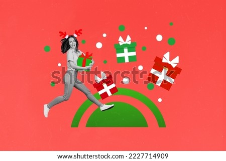 Creative retro 3d magazine collage image of funny funky xmas santa claus elf catching presents isolated painting background