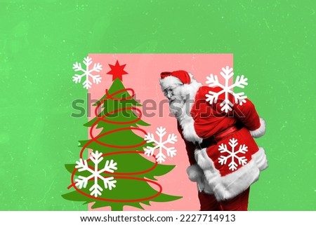 Creative 3d photo artwork graphics collage painting of curious santa looking x-mas fir pine decorations isolated drawing background