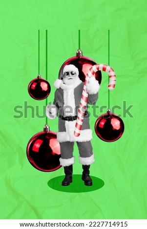 Collage artwork graphics picture of funky cool santa claus holding xmas striped candy isolated painting background