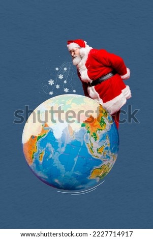 Photo collage artwork minimal picture of santa claus blowing cool wind frozing x-mas planet isolated drawing background
