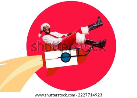 Creative collage image of excited amazed santa guy sitting flying sledge rocket isolated on painted background