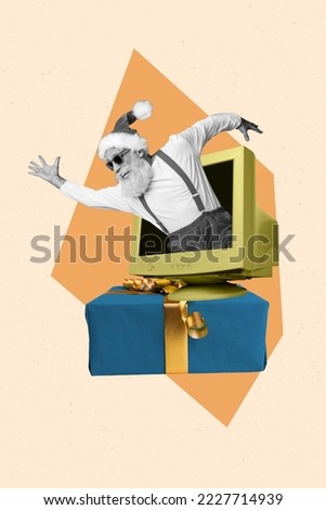 Vertical collage picture of excited cool grandfather breakthrough vintage pc monitor big giftbox isolated on drawing background