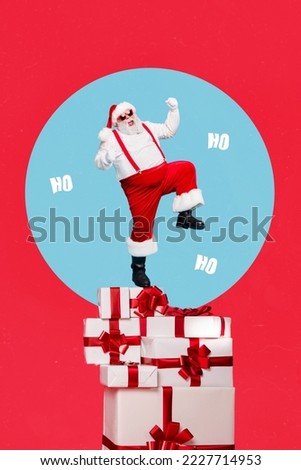 Vertical collage image of excited delighted cool aged santa stand big pile stack giftbox raise fists shout ho ho ho isolated on red background