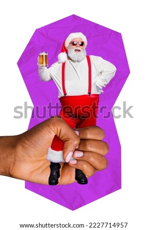 Vertical collage picture of arm hold mini funky positive aged fat santa enjoy glass pint beer isolated on creative background