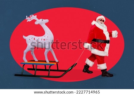 Creative collage picture of funky positive santa claus pull sledge reindeer decor isolated on painted background