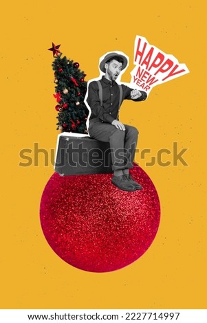 Vertical collage image of impressed mini guy black white colors sit baggage luggage case big newyear tree bauble ball toy isolated on yellow background
