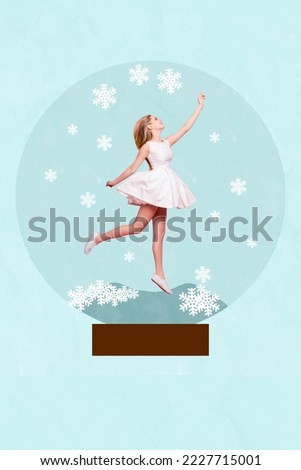 Creative photo 3d collage artwork poster picture of pretty lady inside ball souvenir catch snowflakes isolated on painting background