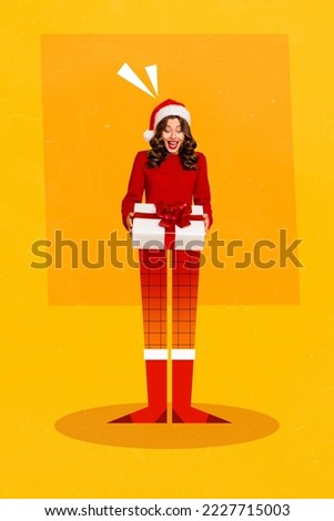 Vertical creative 3d photo collage of astonished speechless amazed girl hold present cartoon feet isolated on orange color background