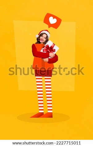 Vertical creative photo collage of good mood positive cheerful girl cuddle present heart like cloud isolated on orange color background