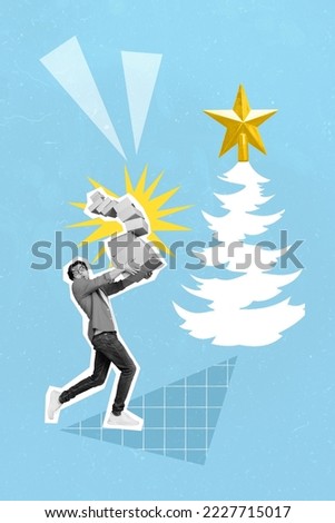 Vertical creative photo collage of careless funny positive guy hold boxes brings gifts to christmas tree isolated on blue color background