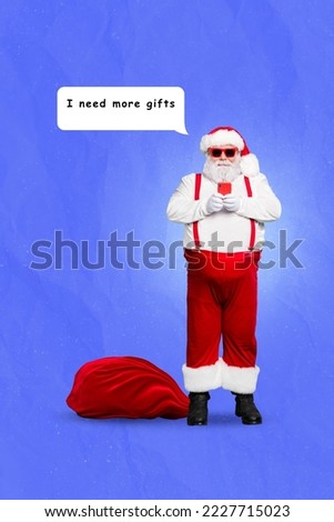 Vertical collage picture of funky aged santa hold use telephone write message i need more gifts isolated on creative background