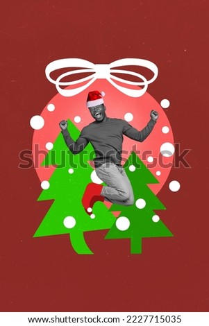 Creative abstract template graphics collage image of lucky funky santa helper jumping high enjoying x-mas time isolated drawing background